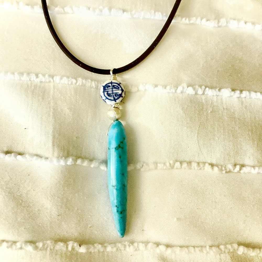 Turquoise Spike Pendant Necklace with Ceramic Accent - Women Jewelry